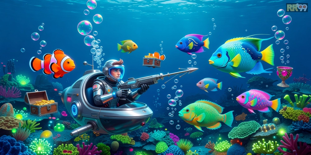 Minh họa giao diện trò chơi bắn cá đổi thưởng rr99 với cá sặc sỡ và người chơi