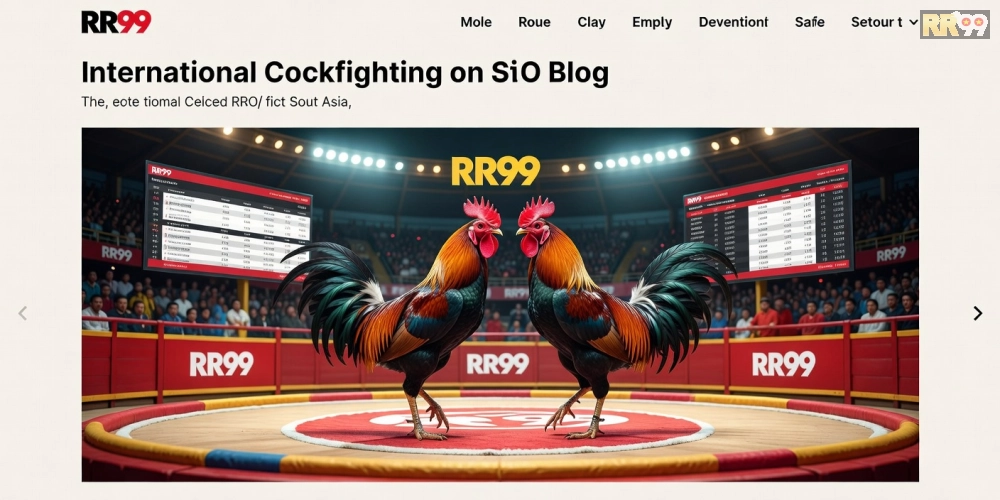 Minh họa khái niệm đá gà quốc tế rr99 với hình ảnh trường gà hiện đại và giao diện cá cược trực tuyến