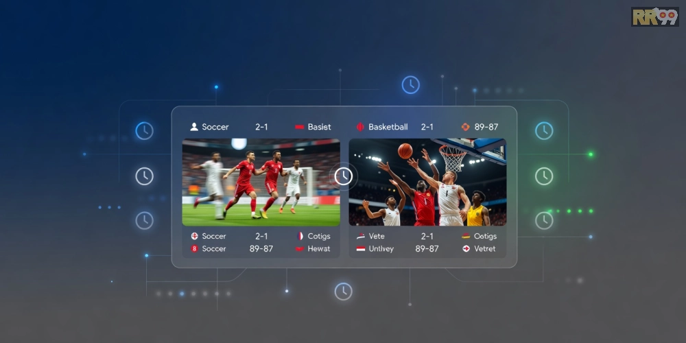 Hình minh họa khái niệm 24h thể thao rr99 với biểu tượng bóng đá và đồng hồ cập nhật liên tục