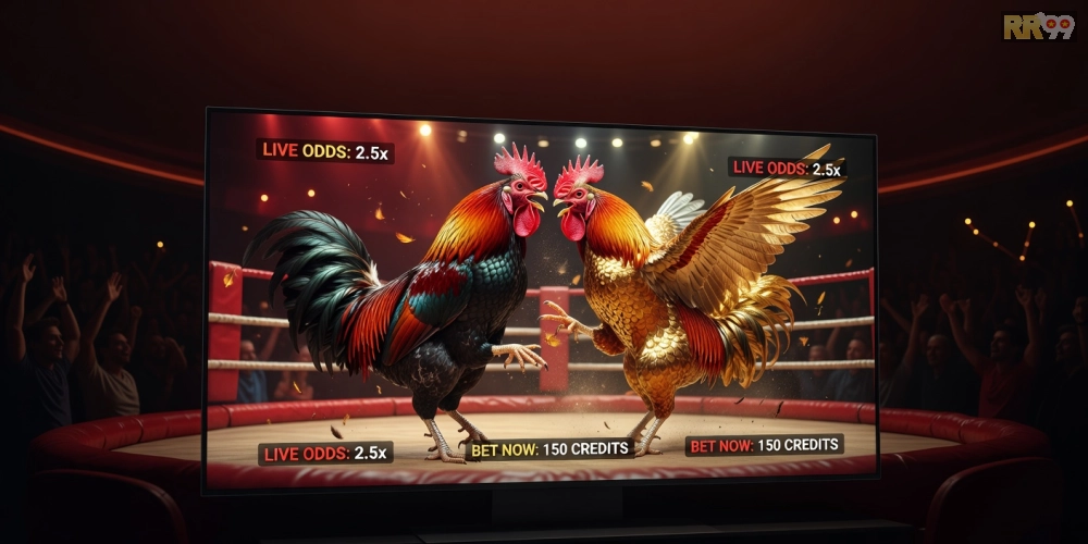 Hình ảnh minh họa khái niệm xem đá gà trực tiếp tại casino với giao diện streaming hiện đại và chiến kê hung hãn