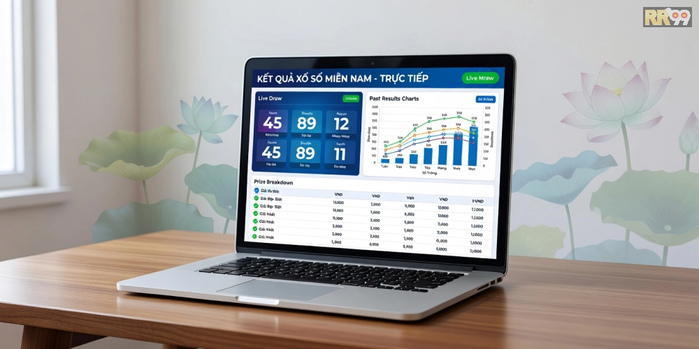 Caption hình ảnh hiển thị kết quả xổ số miền Nam với đồ họa chuyên nghiệp và biểu đồ thống kê