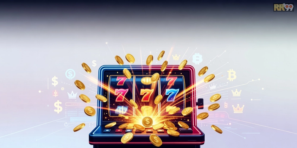 Minh họa khái niệm nổ hũ đổi thưởng rr99 với hình ảnh slot machine hiện đại và jackpot sáng lấp lánh