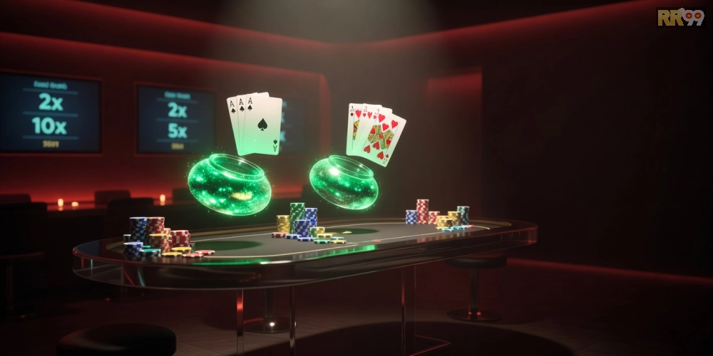 Hình ảnh minh họa trò chơi poker nổ hũ trên nền tảng RR99 với hiệu ứng jackpot sống động