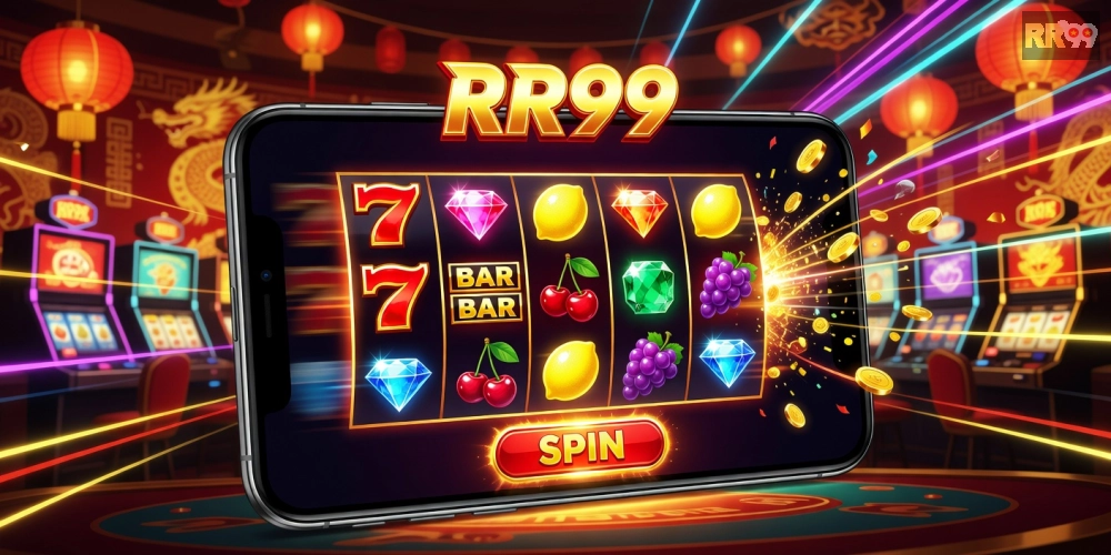 Minh họa khái niệm tải game nổ hũ RR99 với giao diện slot machine hấp dẫn.