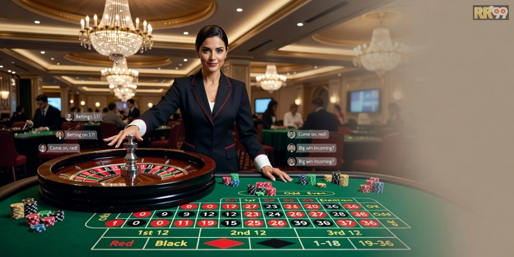 Hình ảnh bàn chơi live casino rr99 với dealer xinh đẹp và hiệu ứng ánh sáng sống động