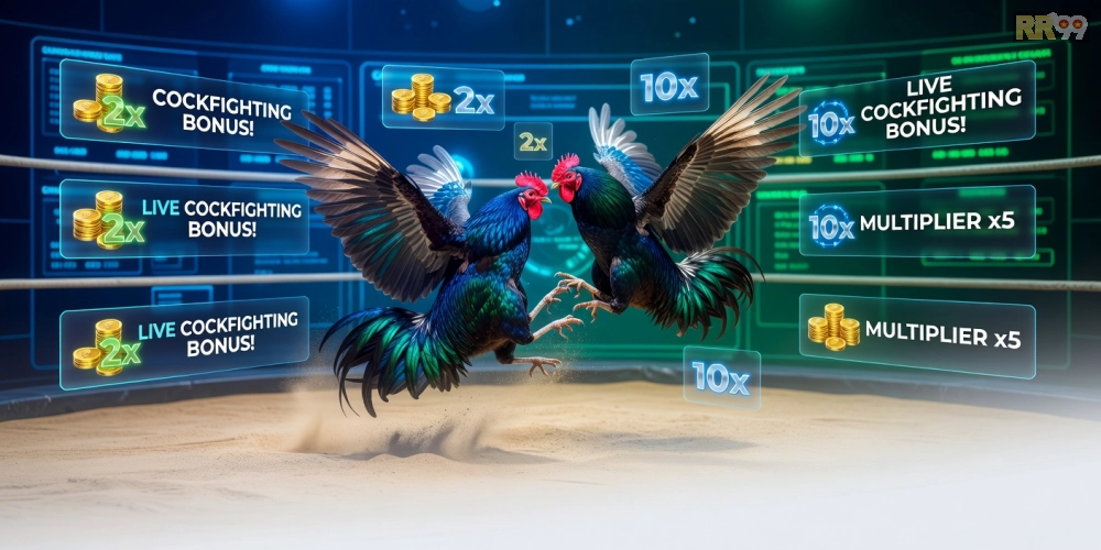 Hình ảnh quảng bá ưu đãi xem đá gà trực tiếp với biểu tượng khuyến mãi và giao diện casino hấp dẫn